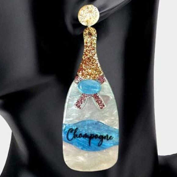 Champagne Bottle Blue Glittered Acetate Dangle Earrings - Picture 2 of 7